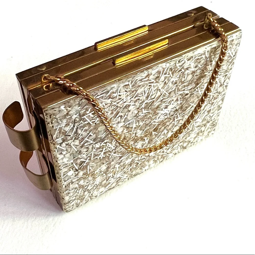 Retro Vintage Gold Tone Metal Glitter Compact Makeup Bag Purse Case Travel